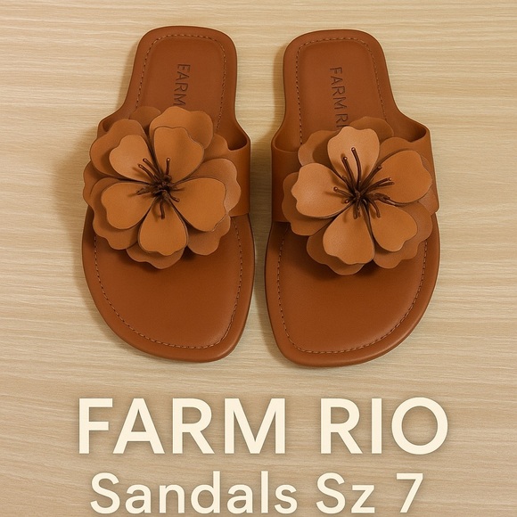 FARM Rio Shoes - FARM Rio Floral Sandals Brown Leather Slide Statement Summer Chic